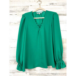 Trina Turk Womens L Green V Neck Victorian Cuff Long Sleeve Dress Blouse Design